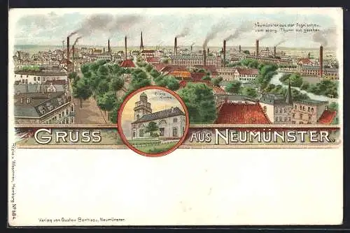 Lithographie Neumünster, Evang. Kirche, Ausblick vom Kirchturm