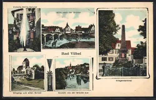 AK Bad Vilbel, Victoria Melita-Sprudel, Eingang zum alten Schloss, Kriegerdenkmal