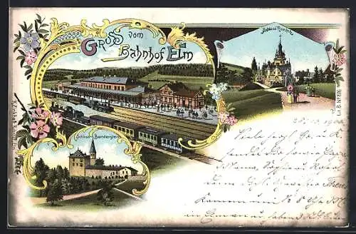 Lithographie Elm, Bahnhof, Eisenbahn, Schloss Ramholz, Burg Brandenstein