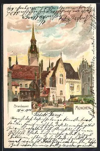 Lithographie München, Menschen vor dem Standesamt