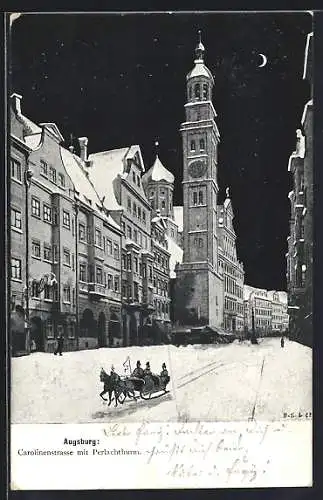 AK Augsburg, Carolinenstrasse mit Perlachturm bei Mondschein im Winter