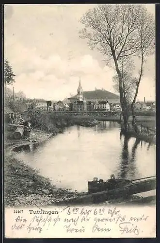 AK Tuttlingen, Partie am Wasser mit Ruine Honberg