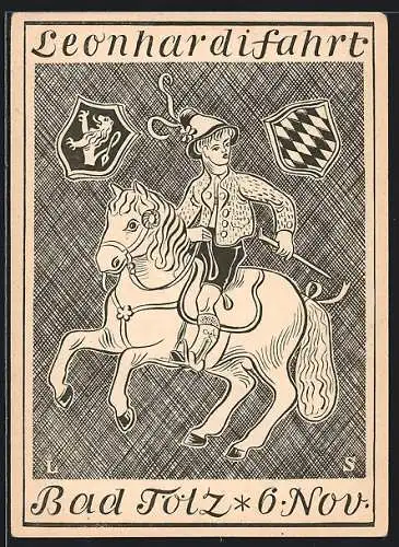 Künstler-AK Bad Tölz, Reiter zur Leonhardifahrt mit Wappen