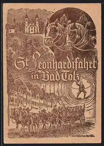 Künstler-AK Bad Tölz, St. Leonhardifahrt mit Pferdegespann