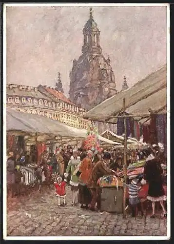 Künstler-AK Dresden, Jahrmarkt auf dem Neumarkt