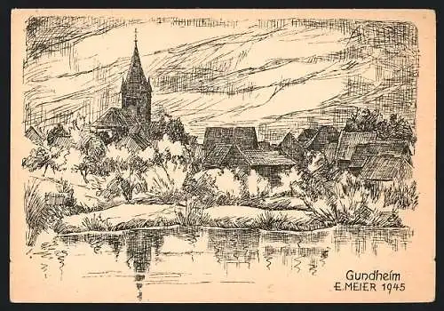 Künstler-AK E. Meier: Gundheim, Blick nach Kirche