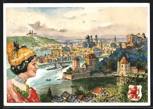 Künstler-AK Passau, Teilansicht mit Altpassauerin, Wappen