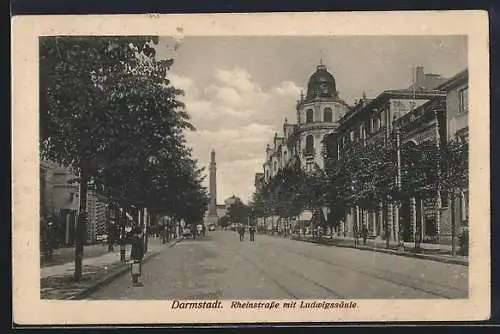 AK Darmstadt, Blick in die Rheinstrasse nach der Ludwigssäule