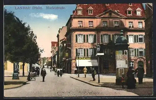 AK Landau /Pfalz, Marktstrasse mit Geschäften und Litfasssäule
