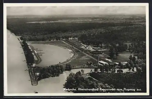 AK Karlsruhe, Rheinstrandbad Rappenwört vom Flugzeug aus