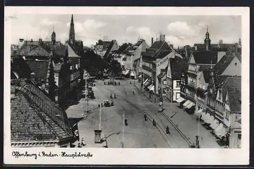 AK Offenburg, Blick auf die Hauptstrasse, flagge