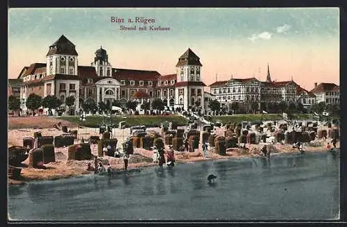 AK Binz a. Rügen, Strand mit Kurhaus