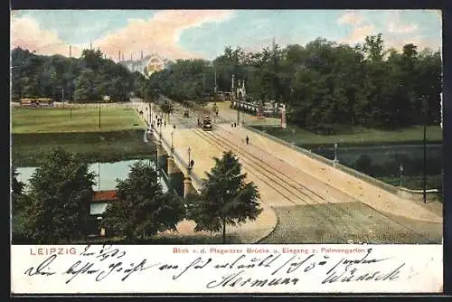 AK Leipzig, Blick von der Plagwitzer Brücke und Eingang zum Palmengarten, Strassenbahn