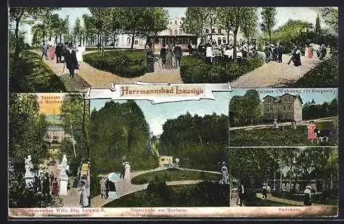 AK Bad Lausick, Terrasse mit Kurhaus, Wohnung für Kurgäste, Badehaus, Promenade am Kurhaus