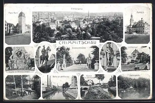AK Crimmitschau, Roter Turm, Rathaus, Grotte im Bismarckhain, Sahnpark, Lutherhof, Denkmal