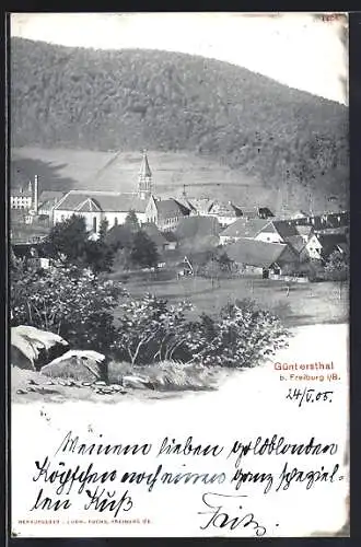 AK Güntersthal b. Freiburg, Ortspartie mit Kirche