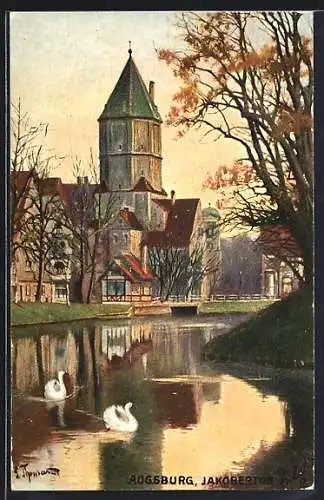 Künstler-AK Augsburg, Schwanenteich mit Jakobertor