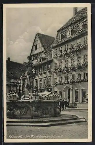 AK Halberstadt, Alte Wasserkunst am Holzmarkt mit Rats-Apotheke