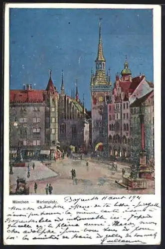 Künstler-AK München, Marienplatz mit Denkmal bei Nacht