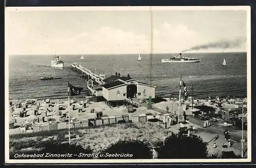 AK Zinnowitz, Strand und Seebrücke mit flagge