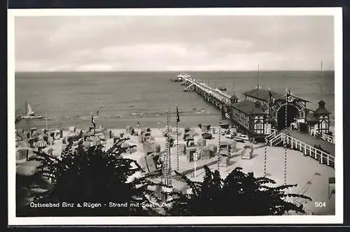 AK Binz a. Rügen, Strand mit Seebrücke