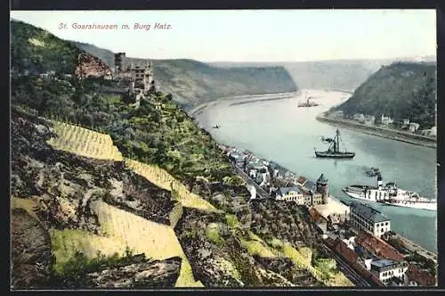 AK St. Goarshausen, Ortsansicht mit der Burg Katz und Dampfern