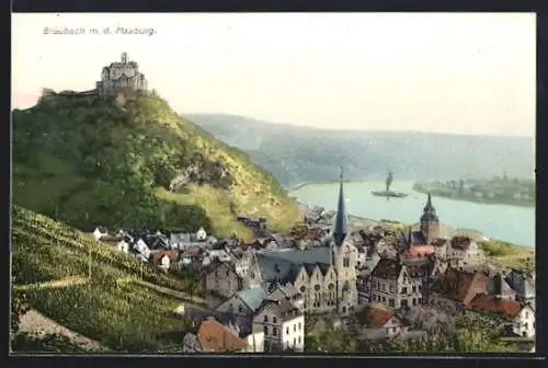 AK Braubach, Ortsansicht mit Rhein und Marksburg