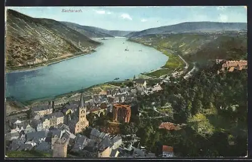 AK Bacharach, Ortsansicht mit Fluss aus der Vogelschau