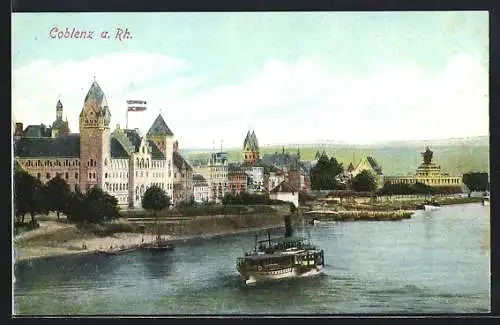AK Coblenz a. Rh., Flusspartie mit Dampfschiff und Blick in die Innenstadt