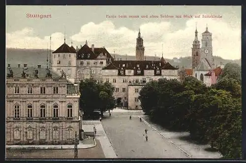 AK Stuttgart, neues und altes Schloss mit Blick auf die Stiftskirche