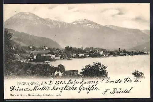 AK Tegernsee, Ortspartie mit Blick auf die Alpen