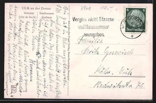 AK Ulm a. d. Donau, das Müsnter, Stadtansicht mit Stadtmauer, das Rathaus
