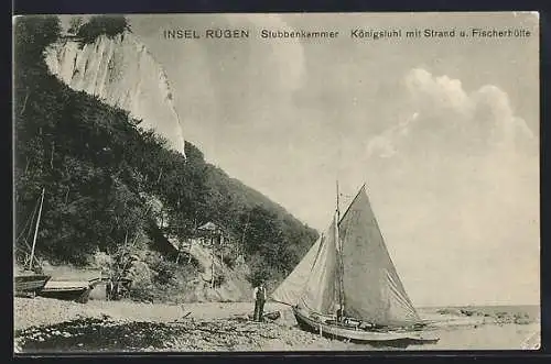 AK Stubbenkammer a. Rügen, Königstuhl mit Strand u. Fischerhütte