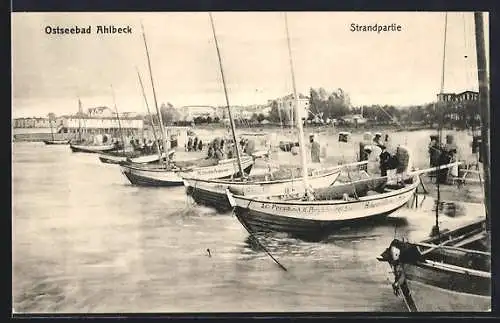 AK Ahlbeck / Ostsee, Strandpartie mit Segelbooten