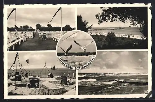 AK Boltenhagen, Partien am Strand mit Seebrücke, flaggen
