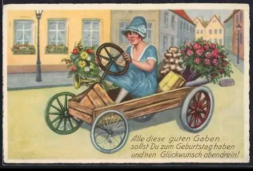 AK Dame in einem Holz-Auto
