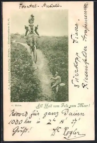 AK All Heil vom Fels zum Meer!, Dame auf Fahrrad, Amor schlägt Purzelbaum