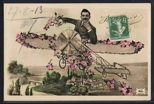 AK Mann in einem Flugzeug, Fotomontage