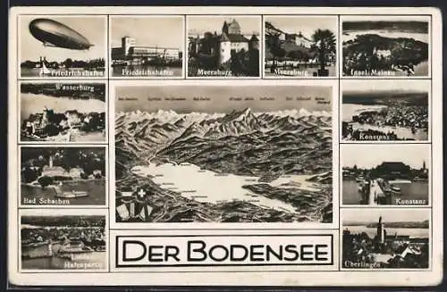 AK Zeppelin über dem Bodensee, Panorama vom Bodensee, Ansichten von Friedrichshafen, Meersburg und Bad Schachen