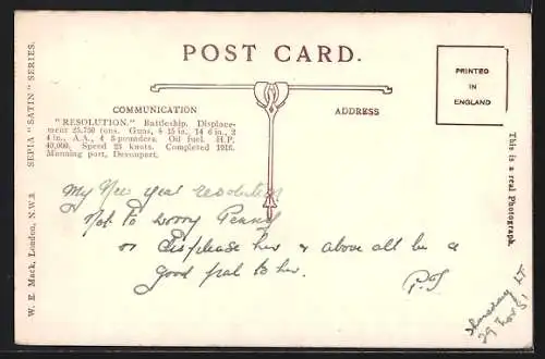 AK Britisches Kriegsschiff HMS Resolution auf Steuerbord