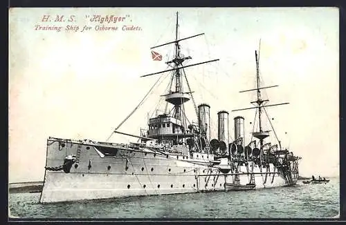 AK Kriegsschiff H. M. S. Highflyer mit Beiboot, Training Ship for Osborne Cadets