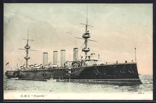 AK Kriegsschiff H. M. S. Powerful in Fahrt