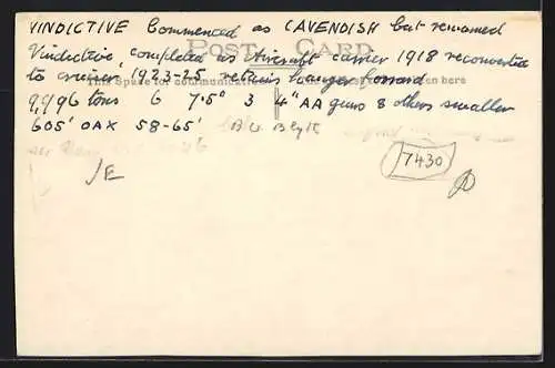 AK Kriegsschiff HMS Vindictive auf See