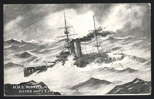 AK Kriegsschiff HMS Russell in a Gale