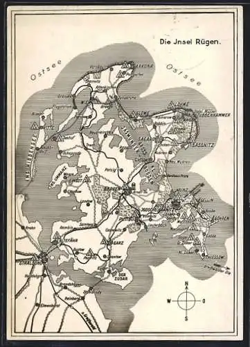 AK Bergen / Rügen, Landkarte der Insel Rügen mit Hiddensee, Thiessow und Arkona