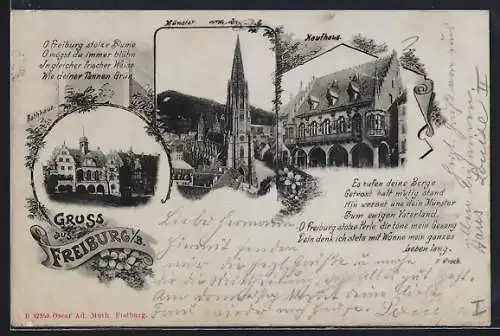 AK Freiburg / Breisgau, Rathaus, Münster und Kaufhaus