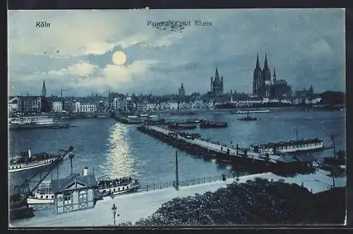 Mondschein-AK Köln, Panorama von Rheinpartie bei Vollmond