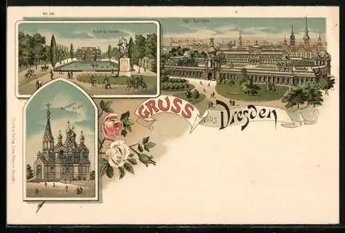 Lithographie Dresden, Palais Gr. Garten, Russische Kirche, Kgl. Zwinger