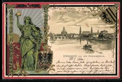 Passepartout-Lithographie Dresden, Ortsansicht von der Marienbücke