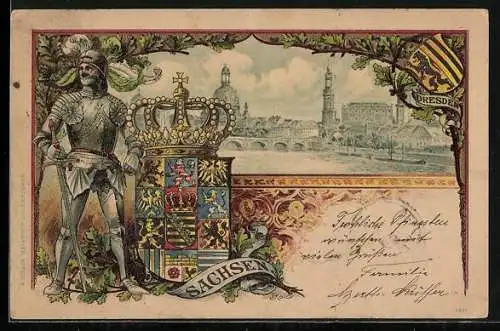 Passepartout-Lithographie Dresden, Stadt-Panorama, Ritter und sächsische Wappen